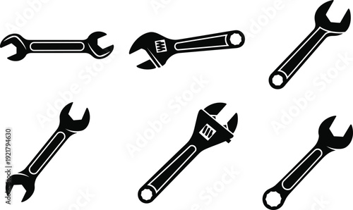 Wrench icon illustration set, adjustable tool design, combination artwork, box-end motif, mechanical vector collection for repair, construction, and industrial themes