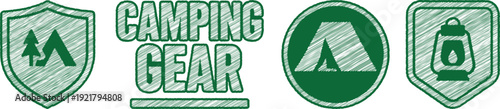 Camping Gear Vintage Icons with Tent, Tree and Lantern - Green