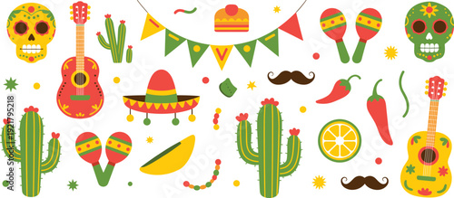 Mexican culture vector illustration, sugar skulls, guitars, maracas, sombreros, chili peppers, cacti, tacos, lime slices, cake, decorative banners, festive icons, Cinco de Mayo