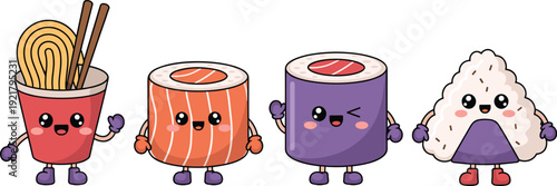 Japanese food vector illustration, noodle cup, salmon sushi, maki roll, rice ball, anthropomorphic characters, smiling faces, cartoon style, cultural cuisine, playful design, expressive icons