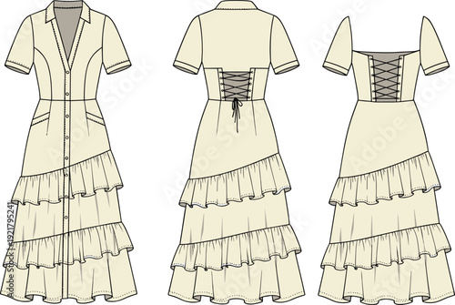 Women tiered ruffle dress front and back view, lace up corset detail, short sleeve maxi gown, fashion technical vector illustration template