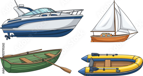 Boat types vector illustration set featuring motorboat sailboat rowing boat and inflatable raft icons for marine transport water travel and recreation concepts