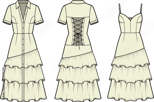 Women tiered ruffle maxi dress set, front and back view with corset lace detail, sleeveless and short sleeve versions, fashion vector template