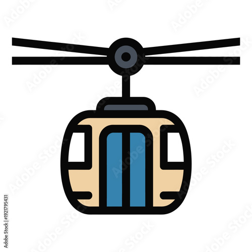Simple flat design illustration of a beige and blue cable car suspended from a black overhead cable system, ready for mountain transport.
