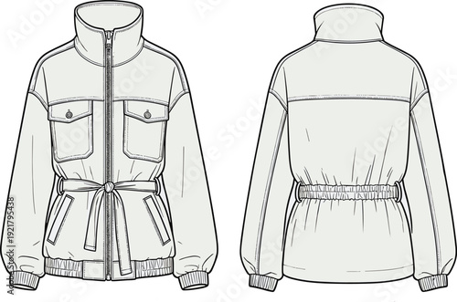 Women utility jacket mockup front and back view, zip up fashion outerwear template with belt detail, technical vector illustration for apparel design