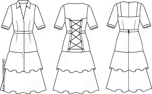 Women vintage ruffle hem dress technical drawing, fashion flat sketch front back views, corset lace up detail, vector line art illustration template