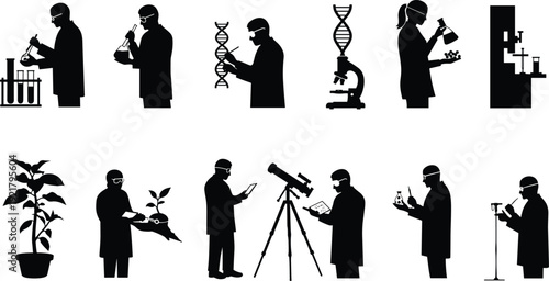 Scientists conducting experiments with test tubes, DNA, microscope, plants, telescope, research tools, laboratory equipment, and scientific analysis vector set