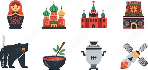 Russian culture icons set vector illustrations traditional symbols