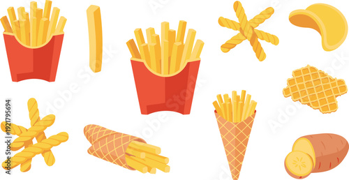 Potato snacks vector illustration, French fries, twisted fries, crisscross fries, waffle fries, potato chips, sliced potato, cone wrap, cartoon style, fast food, snack collection