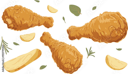 Fried chicken vector illustration, crispy drumsticks, potato wedges, rosemary herbs, basil leaves, golden brown snack, fast food meal, comfort food, cartoon style, delicious cuisine