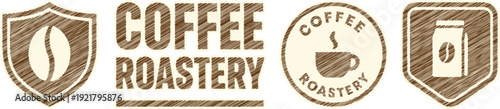 Coffee Roastery Vintage Icons with Bean, Cup and Bag - Brown