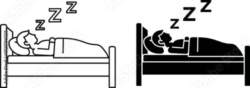 Sleeping Person in Bed Icon Set Outline and Silhouette Night Rest Vector Illustration