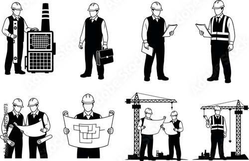 Construction Engineers and Architects Working on Building Site with Blueprints and Safety Gear Vector Illustration Set