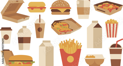Fast food vector illustration, pizza boxes, cheeseburger, hot dog, French fries, popcorn, pasta, coffee cups, soda, milkshake, takeaway drinks, snack collection