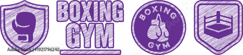 Boxing Gym Vintage Icons with Gloves, Ring and Shield - Purple