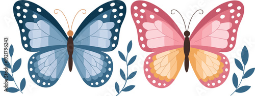 Butterfly vector illustration, blue wings, pink wings, decorative leafy branches, curly antennae, symmetrical design, vibrant colors, cartoon style, nature theme, artistic decor, insect icon