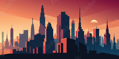 City skyline at sunset with modern buildings and warm glowing sky