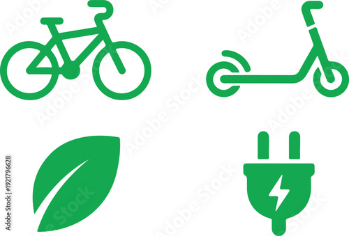 Eco-Friendly Transport Colorful Outline Icon Set  Bicycle, Scooter, Leaf, and Plug