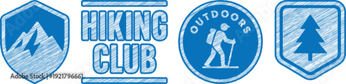 Hiking Club Vintage Icons with Mountain, Tree and Hiker - Blue