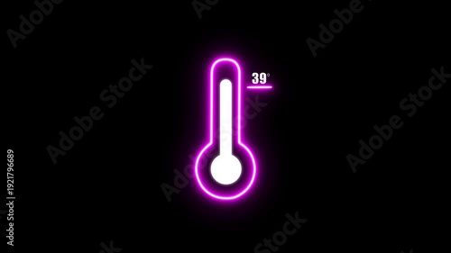 Illuminated neon pink thermometer symbol displaying 39 degrees Celsius with a radiant glow on a dark black backdrop and a clear digital temperature readout