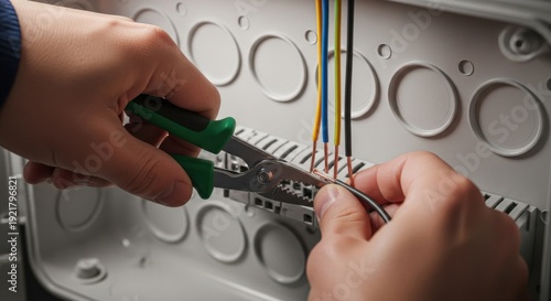 Professional electrician's hands stripping colored wires in an electrical distribution box for safe home power installation.