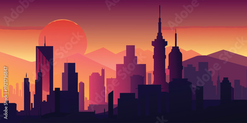 A futuristic city skyline at sunset with a large moon rising in the background.