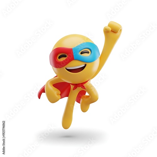 Joyful yellow emoji figure dressed as a superhero with a red cape and dual-colored mask flies upward with a raised fist.