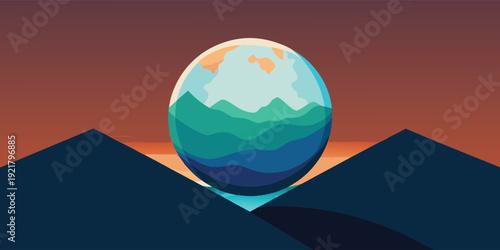 A vibrant sunset over a mountainous horizon with a reflective water surface