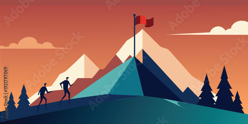 Adventurers reach the peak of a mountain with a flag at the summit.
