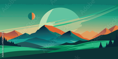 A surreal landscape with floating planets and vibrant mountains under a colorful sky