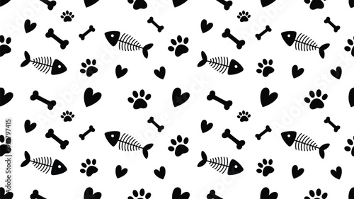 Seamless pet pattern vector with black icons of dog bones fish skeletons cat paws and hearts on white.