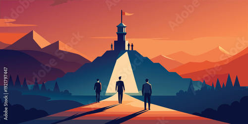 A group of adventurers journey towards a mysterious tower at sunset