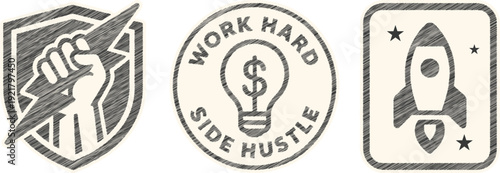 Side Hustle Emblems: Lightning Fist, Lightbulb Idea, Rocket Launch