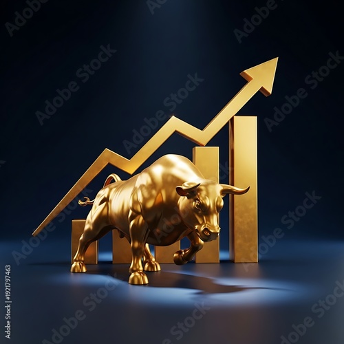 Golden bull statue stands proudly before a rising bar graph and arrow, symbolizing a strong bull market and significant financial growth.