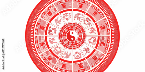 A circular red design featuring the chinese zodiac and yin yang symbol
