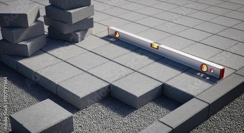 Paving stones being meticulously installed with a spirit level on a gravel base, symbolizing quality home improvement and professional landscaping work.