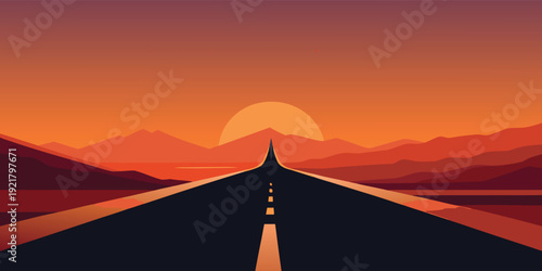 A solitary road stretches towards a vibrant sunset in a vast desert landscape