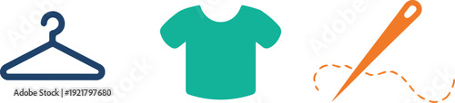 Fashion & Sewing Colorful Outline Icon Set  Hanger, T-Shirt, and Needle