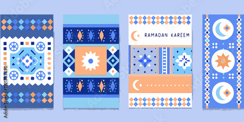 Four decorative ramadan kareem patterned backgrounds in blue and orange tones