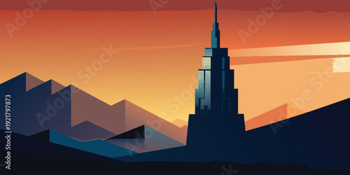 Majestic skyscraper towering over a surreal landscape at sunset