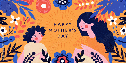 A colorful illustration depicting a mother and child for mother s day