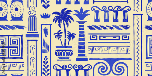 Blue and white repeating pattern of classical architectural elements