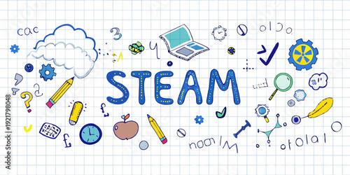 Colorful steam illustration with science technology engineering art and math icons