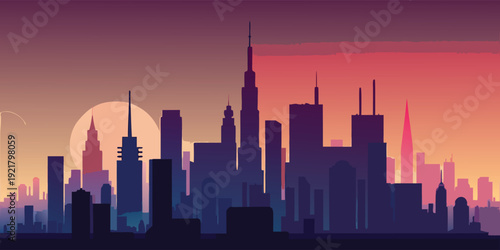 City skyline at sunset with a crescent moon in the sky
