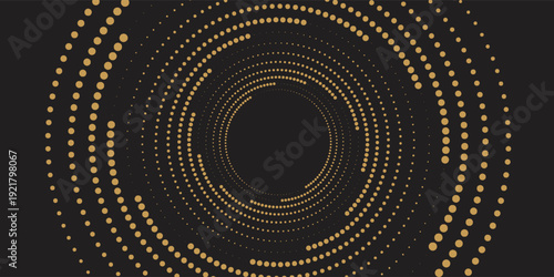 Swirl pattern with dots. Half ton circle on black background. Abstract background with dotted circles. Vector illustration.