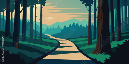 A serene winding path through a lush, dense forest at sunset
