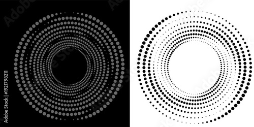 Modern abstract background. Halftone dots in circle form. Spiral logo, icon or design element. Black dots on a white background and white dots on the black side.