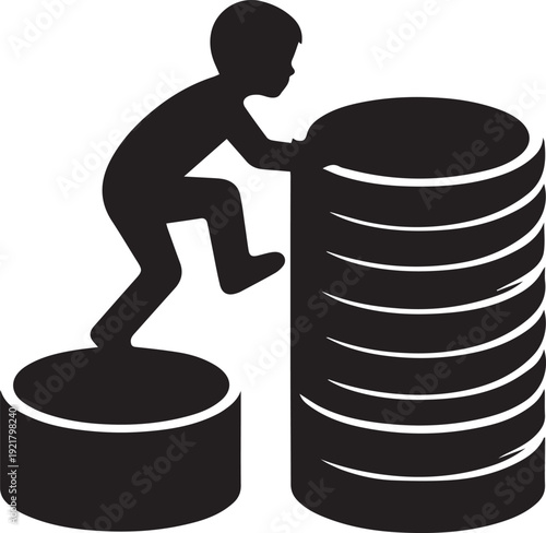 Silhouette person climbing towering money coin stack symbolizing financial growth