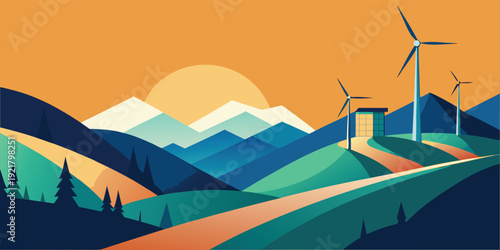 Wind turbines harnessing energy in a picturesque mountain landscape at sunset