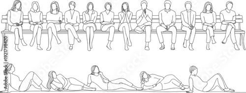Seated and reclining human figures, posture study illustration, black and white vector, people sitting and lying poses, anatomy reference art